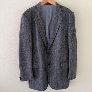 Mens Tweed Blazer Sport Coat Size 40L Wool Herringbone Gray Vintage Two Button